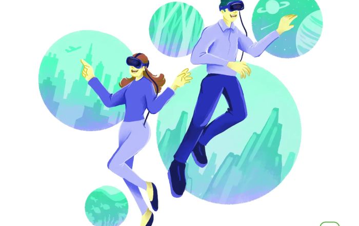 Илюстрация на двама души с VR очила пред цветни виртуални пейзажи.