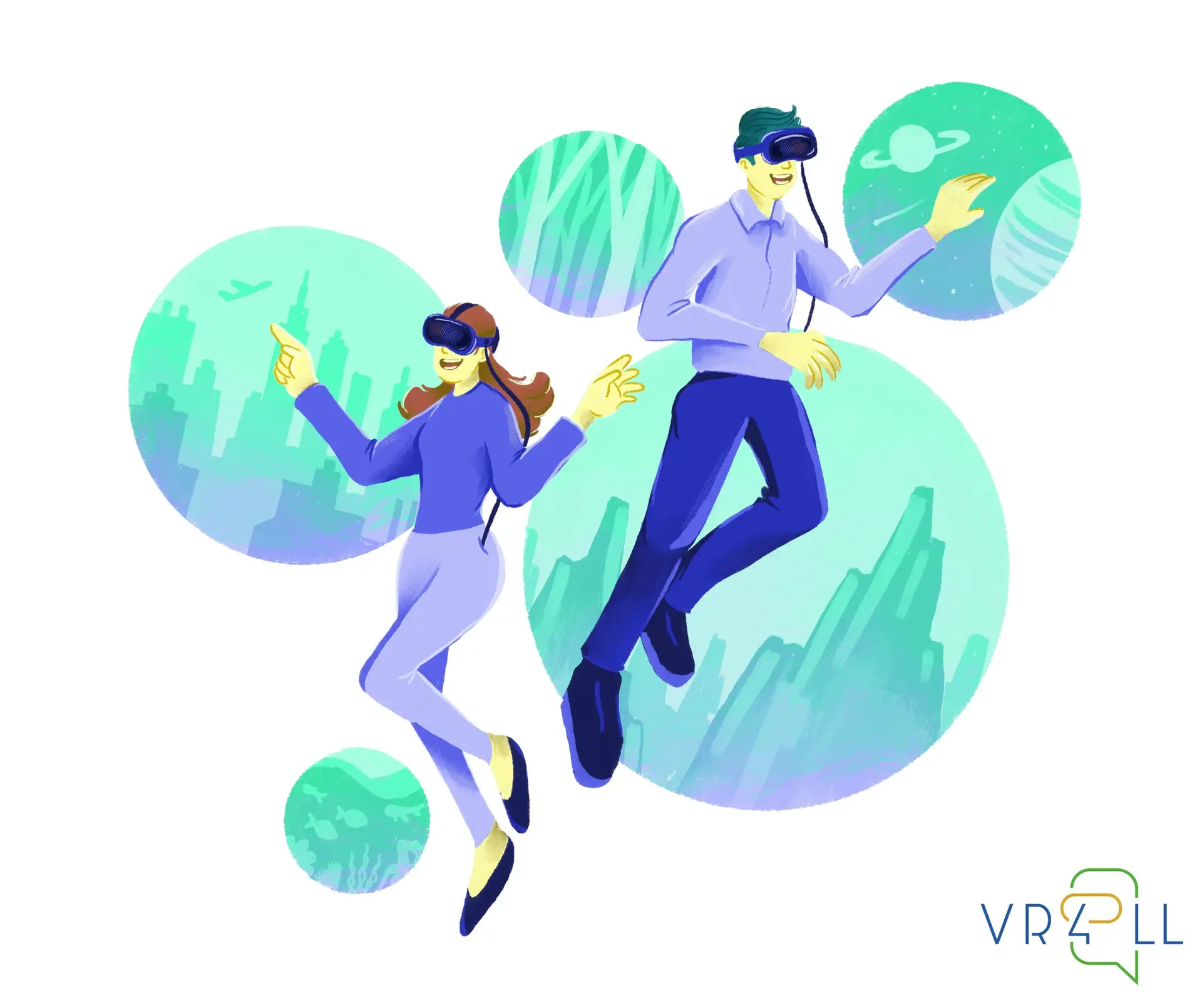 Илюстрация на двама души с VR очила пред цветни виртуални пейзажи.